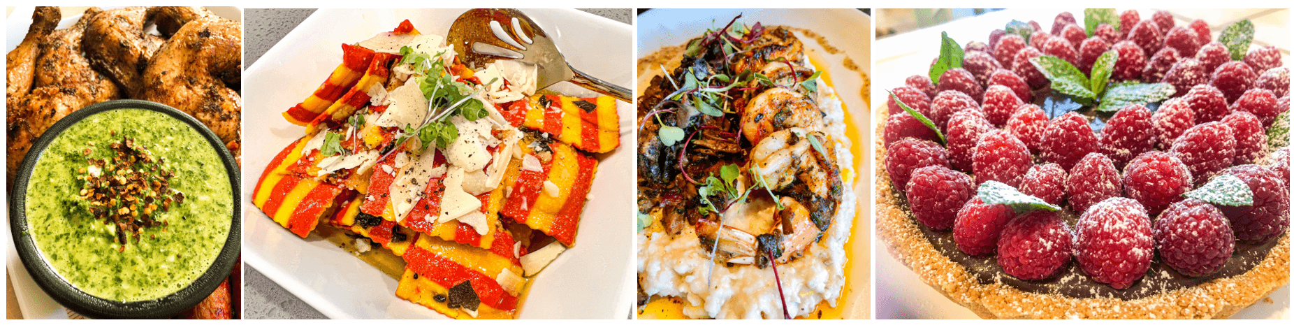 chimichurri smoked chicken lobster ravioli brown butter sage sauce shrimp and grits raspberry chocolate tart